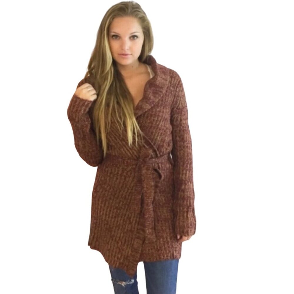 NWT Rust Removable Faux Fur Trim Tie Waist Longline Cardigan Knit | Old Money S - Picture 5 of 8